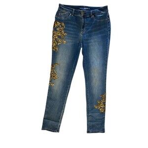Chicos Platinum Jegging 0.5 Size 6 Gold Leaf Sequin Embellished Stretch Denim